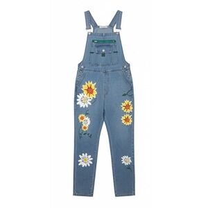 Misslook Floral Painted Blue Denim Bib Overalls, Size 2XL, Boho Festival Casual